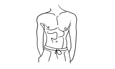 Man is a narcissist, admires himself on white background. Line art drawing. Sport guy asian model. Vector illustration