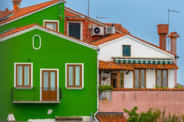 Burano, Italy colorful houses street view