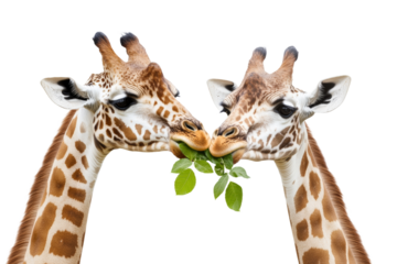 Two giraffes are eating leaves from a tree, isolated