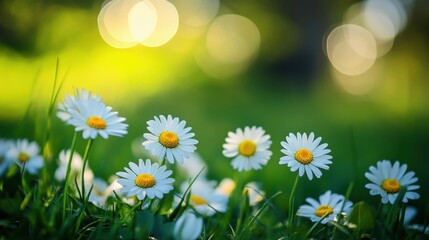 Daisies blooming in vibrant green meadow, symbolizing spring renewal, Earth Day celebration, outdoor beauty, nature photography, tranquility, fresh beginnings.