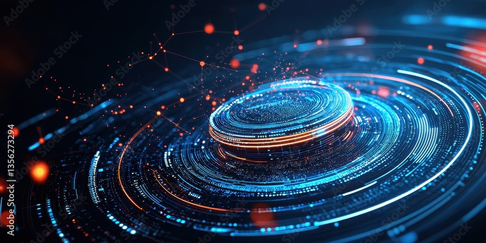 Poster abstract digital art featuring glowing circular patterns and vibrant color orbs.