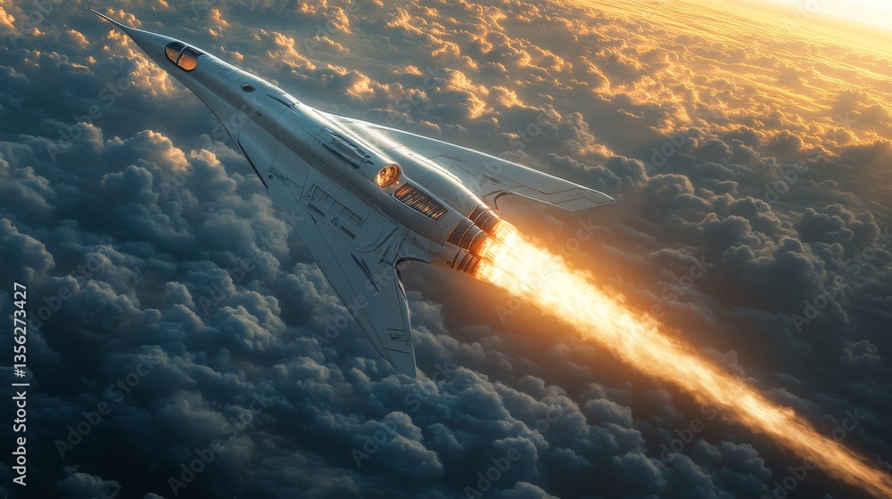 Poster a state of the art rocket ascends into the atmosphere, leaving a trail of fiery propulsion as it con