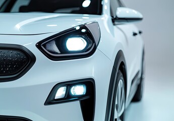 Fototapeta premium Modern, sleek, white SUV's front end. Close-up, illuminated headlights