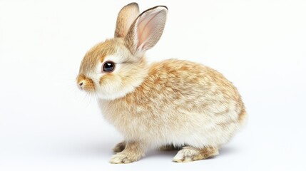Obraz premium Cute rabbit sitting on white background, symbol of Easter, springtime, adorable pet, fluffy animal, family-friendly, joyful moments, natures beauty, holiday inspiration.
