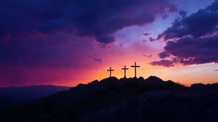 Sunset view of three crosses on a hilltop, symbolizing hope and faith, Easter celebration, spiritual reflection, dramatic sky, religious significance, serenity.