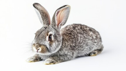 Cute gray rabbit resting on white background, ideal for Easter celebrations, holiday decorations, spring themes, animal lovers, family portraits, and childrens art.