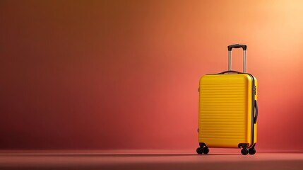 A vibrant yellow suitcase stands upright, casting shadows and showcasing stylish travel accessories against a soft pastel background