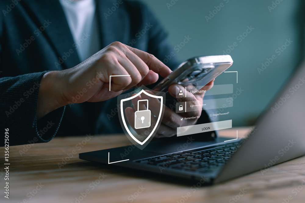 Poster a businessman works on his smartphone and laptop at home with a virtual display showing a symbol to 