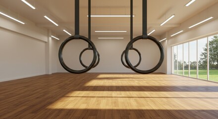 A Bright and Spacious Gym Interior Featuring Gymnastics Rings Hanging in a Modern Studio