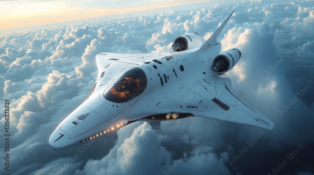 Poster a sleek spaceplane glides effortlessly above the clouds, demonstrating advanced propulsion technolog