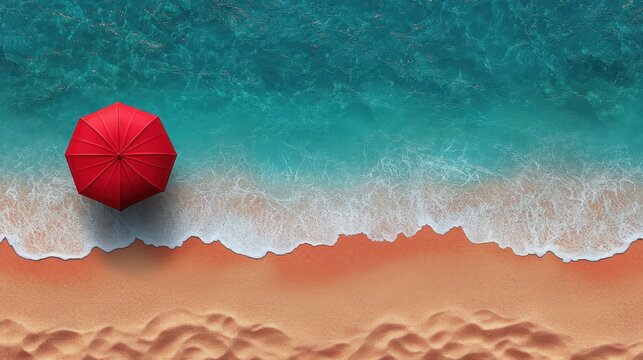 A surreal aerial beach view showcasing a red umbrella and a solitary figure on pink sand. The orange shoreline meets the turquoise water, with gentle waves creating abstract patterns. - Powered by Adobe