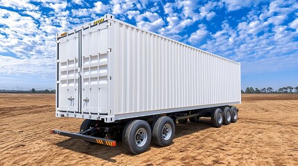 White Shipping Container on Flatbed Trailer in Arid Landscape