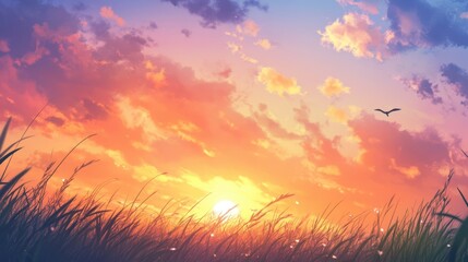 Fototapeta premium Sunset over grassy field, vibrant colors in sky, nature scenery, tranquil atmosphere, outdoor beauty, meditation space, perfect for wellness and relaxation themes.