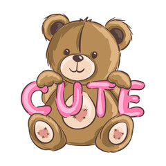 Cute teddy bear holding pink letters, adorable plush toy, cartoon illustration, kawaii design. Vector