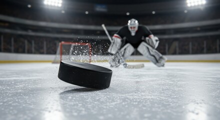 Dynamic Ice Hockey Action Scene Featuring a Goalie and a Flying Puck in a Hockey Arena