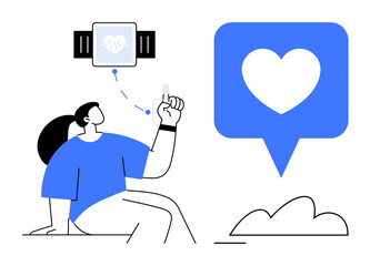 Person interacting with smartwatch displaying heart rate data, symbolizing self-care and wellness. Ideal for health monitoring, fitness, self-care, technology, personal growth, digital health, active