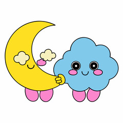 Cartoon baby angel with blue diaper and cute bear smiles on a cloud