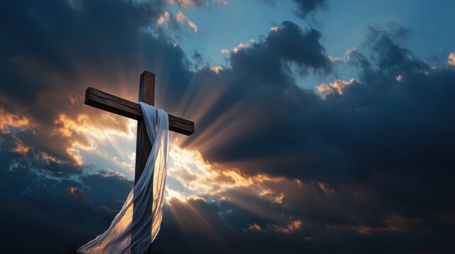 Cross symbol illuminated by sunlight breaking through clouds, representing faith and hope, Easter, spirituality, divine light, religious imagery, tranquility.