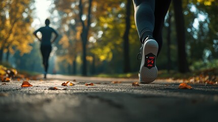 Naklejka premium Runner on Path in Autumn Forest with Colorful Leaves and Sunshine