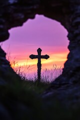 Fototapeta premium Cross silhouette at sunset, spiritual symbol, nature beauty, tranquility, reflection, Easter themes, faith, religious harmony, peaceful landscape, outdoor scenery.