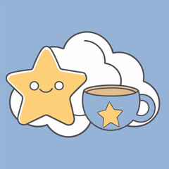 A cartoon heart floats between a cup of coffee and a cup of tea, an illustration of love on a blue sky-like background