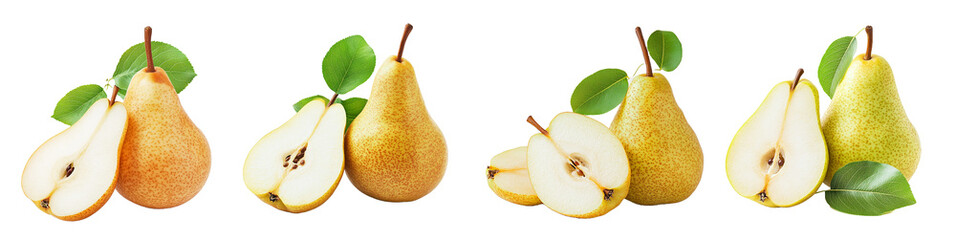 Four ripe pears with leaves   whole and halved pears isolated with Transparent PNG