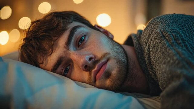 This image features a young man lying on a pillow, reflecting in a serene bedroom. The soft lighting enhances the mood, ideal for articles about relaxation and mental health. AI