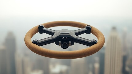 Unique drone design with wooden frame, city background.