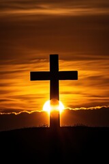 Sunrise behind a cross silhouette, symbolizing faith, hope, and renewal, perfect for Easter celebrations, spiritual reflection, and religious devotion themes.