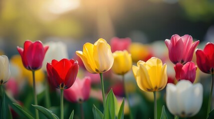 Colorful tulips blooming in spring garden, vibrant flower field, seasonal beauty, nature photography, Easter celebration, floral background, outdoor tranquility.