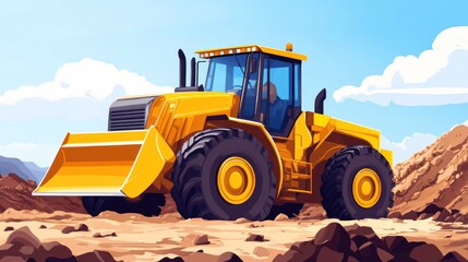 Fototapeta premium Yellow bulldozer on a dirt landscape