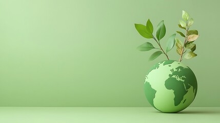 Earth with growing leaves on a light green background