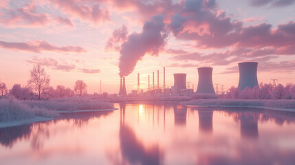Fototapeta premium serene industrial landscape with cooling towers and chimneys emitting smoke, reflected in calm river under pastel sunset