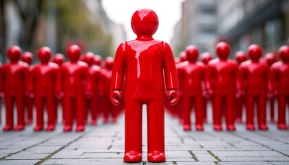 Red figurines standing together in an urban setting