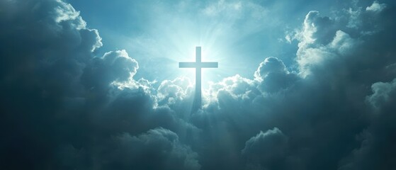 Fototapeta premium Sunlight breaking through clouds with a cross silhouette, symbolizing hope, faith, spirituality, Christianity, Easter, divine light, heavenly atmosphere.