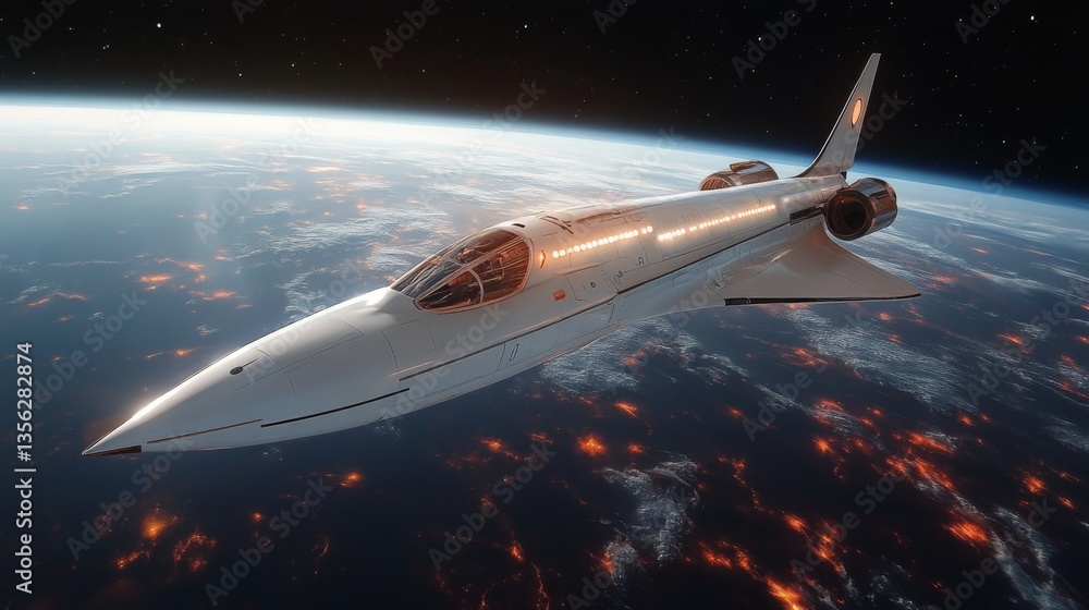 Poster a futuristic spaceplane is showcased soaring above earth, designed for hypersonic travel and airlaun