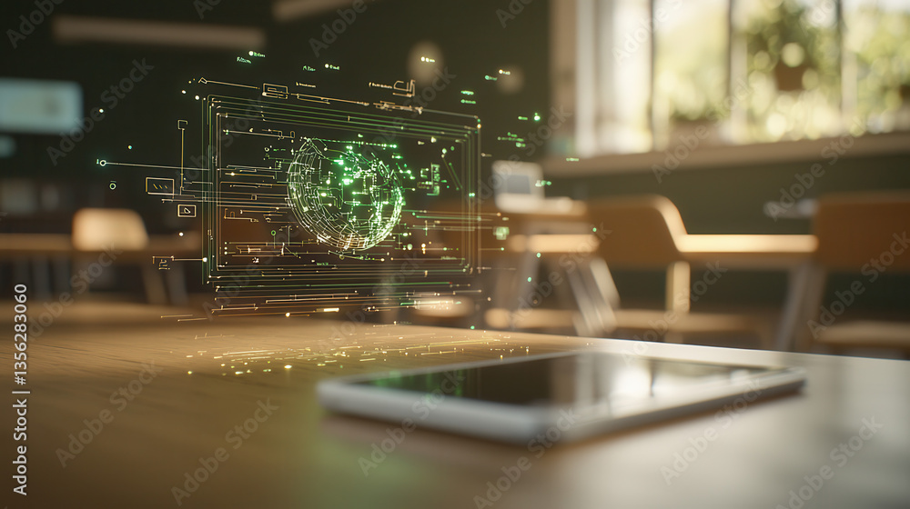 Poster futuristic classroom with holographic interface displaying digital globe above tablet, symbolizing a