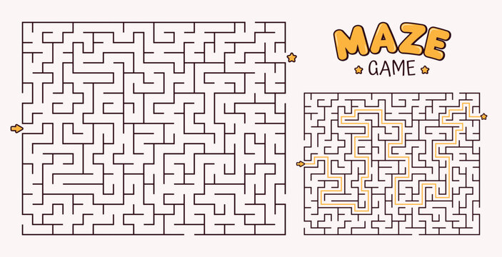 Rectangular minimalist maze puzzle game in children's style. Logic labyrinth game for brain teasers for kids. Vector illustration with editable outline.