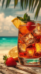 Refreshing summer cocktail with berries and citrus on a tropical beach.