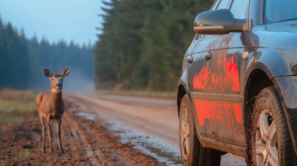 Obraz premium A car stopped on a dirt road with a deer standing nearby, capturing a wildlife encounter. Perfect for content about wildlife safety, rural driving, and nature conservation.