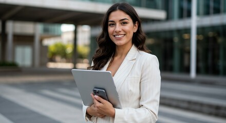 Fototapeta premium Confident woman smiling while holding a tablet and phone outdoors 