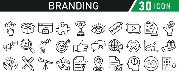 Branding icon set liner style. Containing marketing, product, design, brand development, social media, and advertising icons. Solid icons collection.