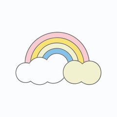 Fototapeta premium A vibrant rainbow arc in the blue sky with fluffy clouds, a weather illustration
