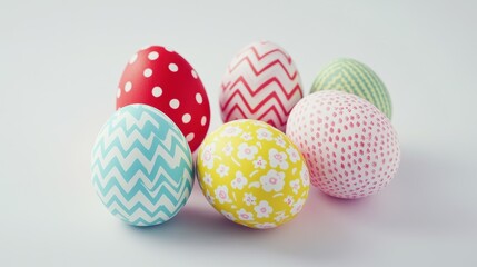 Fototapeta premium Colorful Easter eggs on white background, decorated with patterns and vibrant hues, perfect for spring celebrations, family gatherings, and holiday festivities.