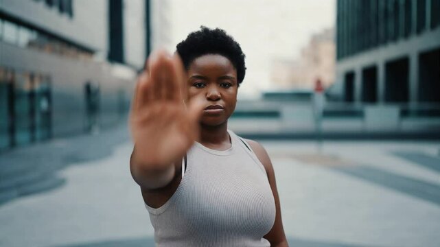 Strong young African American woman shows stop gesture saying no to violence, sexual harassment, femicide, racism, and discrimination  based on gender or skin color	