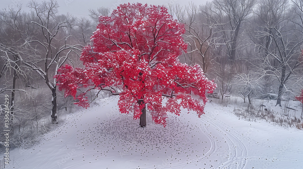 Poster red maple tree in snowy winter forest during peaceful snowfall..