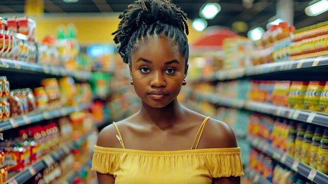 Young afro american woman in yellow off-shoulder dress walking through supermarket aisle filled with colorful products. Concept of everyday lifestyle and diversity