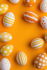 Fototapeta premium Colorful Easter eggs on bright orange background, spring celebration, family traditions, festive decorations, holiday crafts, vibrant patterns, seasonal joy.