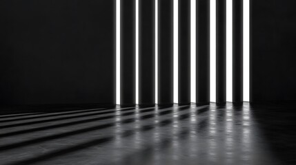 Dark room with bright vertical light slits casting shadows.