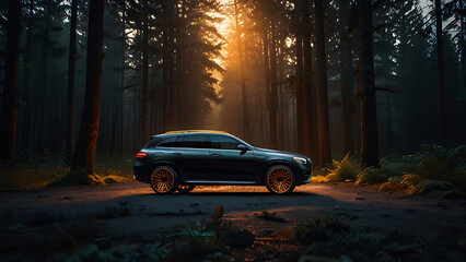 Sleek Black SUV Parked on Forest Path with Golden Sunlight

